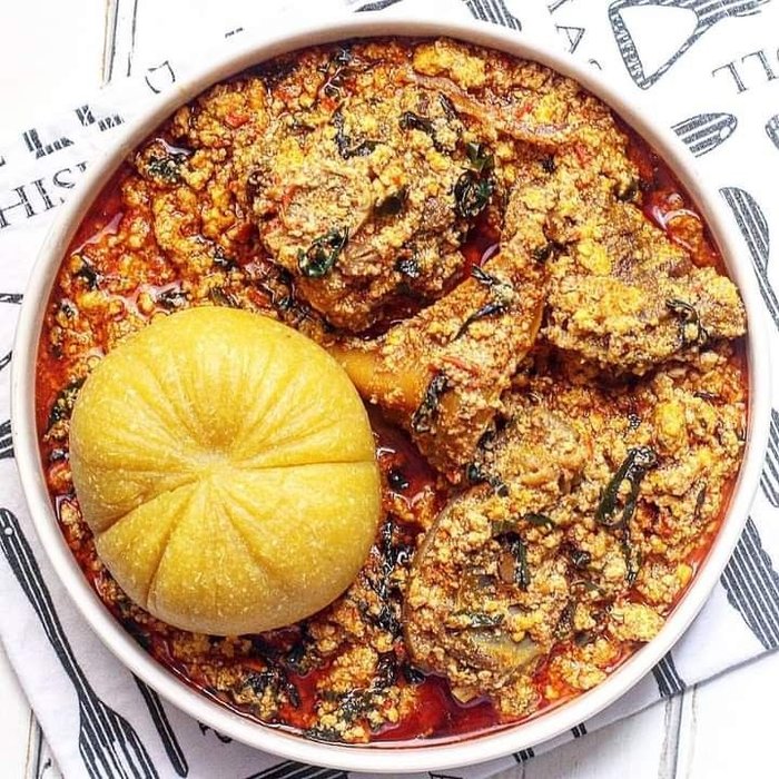 Egusi soup with goat meat and eba